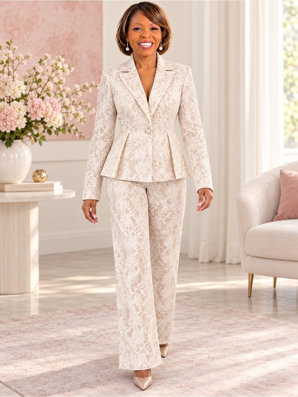 Elegant Cream Lace Peplum Jacket & Pant Set